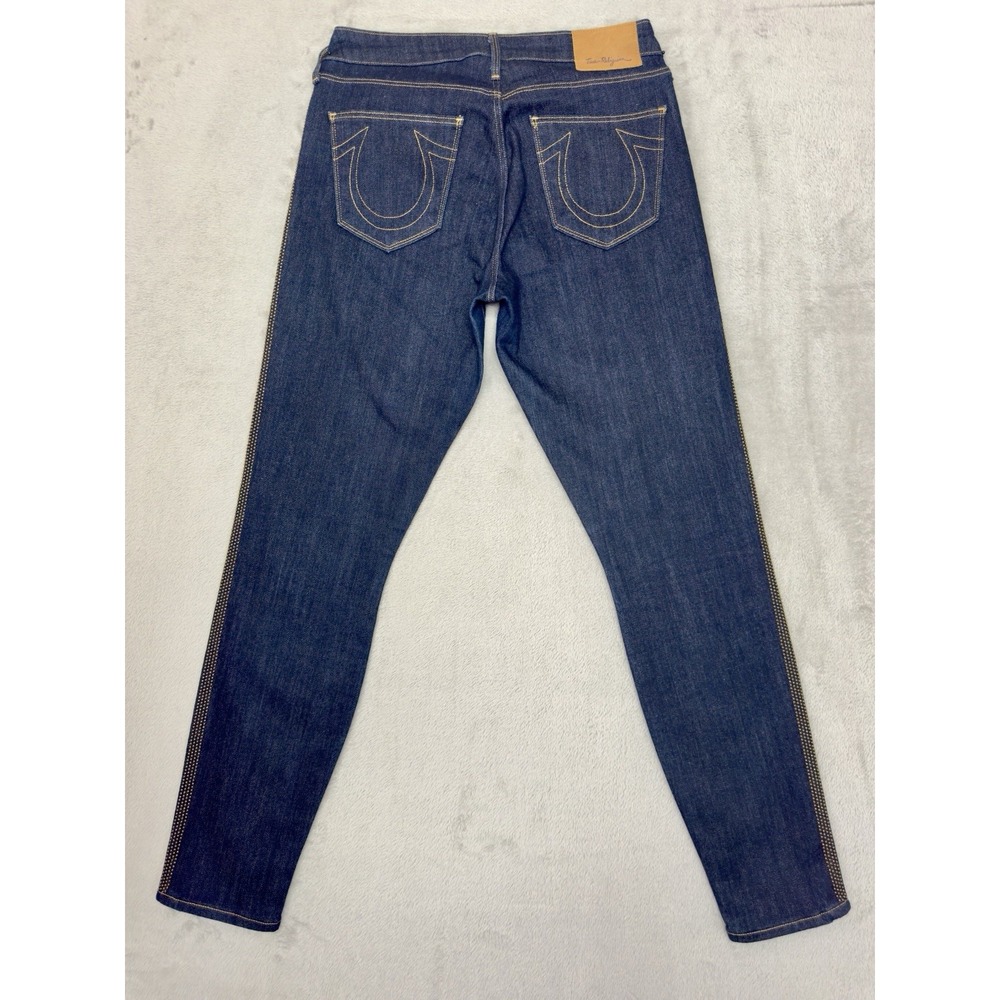 True Religion Slim Mid Rise Jeans Women's 29x29 Dark Wash Studded Side USA - Picture 10 of 12